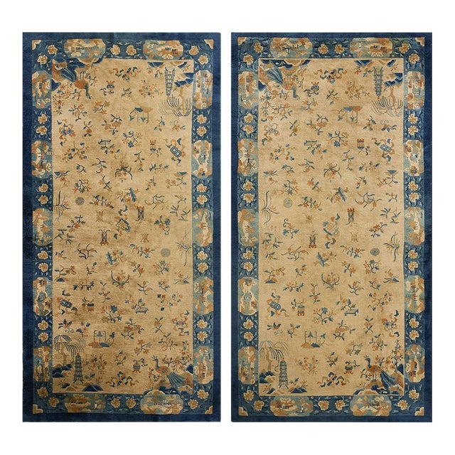 1920s Beige Field Floral Antique Pair of Chinese Peking Gallery Rug 5'3" X 9' 9" For Sale
