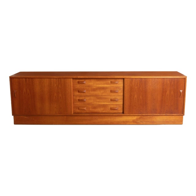 Mid-Century Modern Danish Teak Low Sideboard with Sliding Doors from Clausen & Son, 1970s For Sale