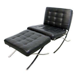 Mid-Century Modern Barcelona Style Leather & Chrome Lounge Chair & Ottoman For Sale