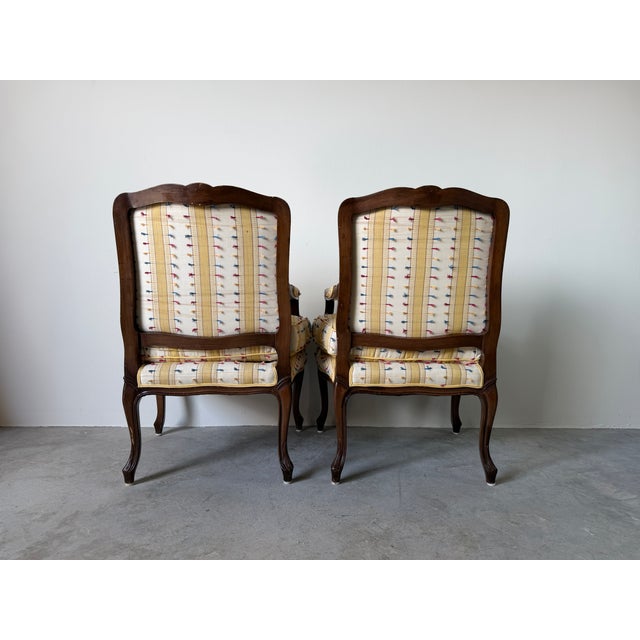 Wood Vintage Louis XV Style French Provincial Walnut Upholstered Armchairs - A Pair For Sale - Image 7 of 17