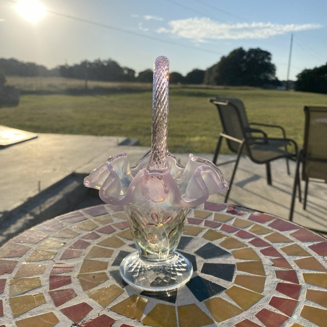 Signed Hand Painted Fenton Art Glass Basket, Pink Opalescent Ruffled Edge, Signed S. Massey For Sale - Image 13 of 16