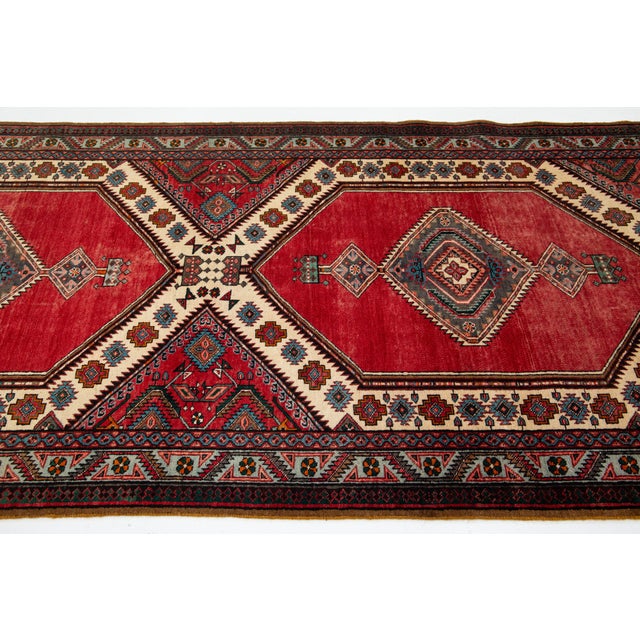 1960s Handmade Red Vintage Heriz Designed Wool Runner in Red For Sale - Image 5 of 8
