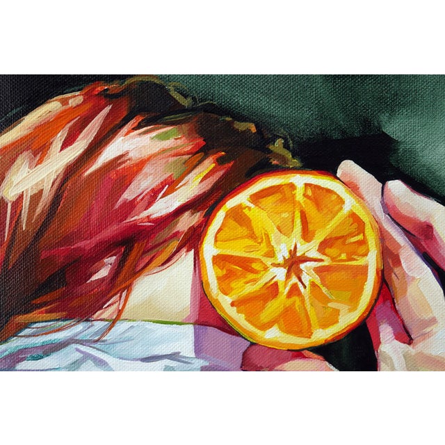 Abstract Perception in Orange by Ale Casanova | Oil on linen Woman with blindfold holding an orange slice. For Sale - Image 3 of 3