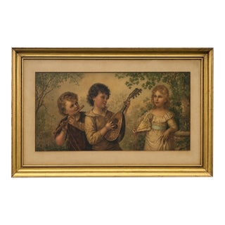 Antique Victorian Framed Chromolithograph Children Music Flute Mandolin Serenade Print F. Lefler For Sale