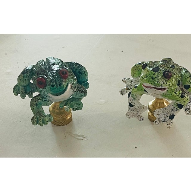 Lovely pair of handmade frog figurines, mounted on brass bases as lamp finials.