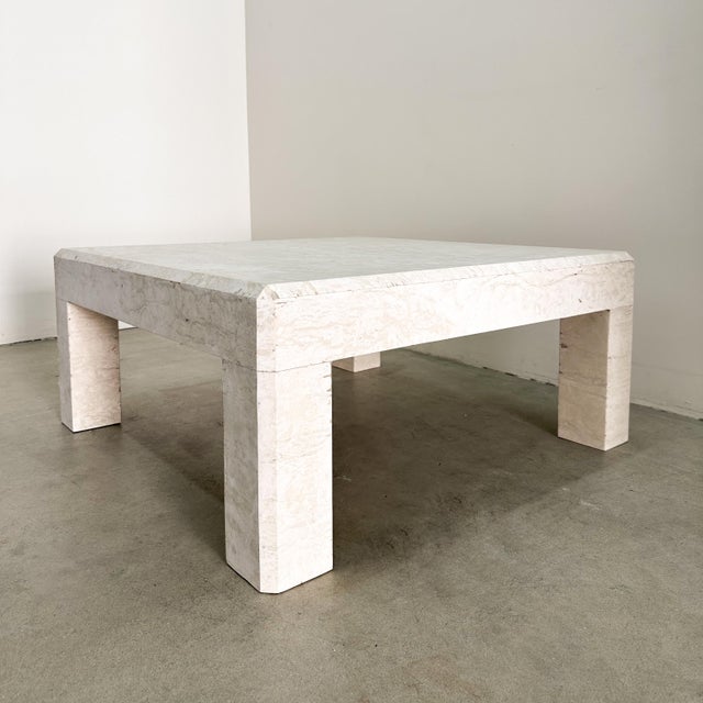 Cream Vintage Square Postmodern Travertine Stone Parsons Coffee Table | 1980s Italian For Sale - Image 8 of 14