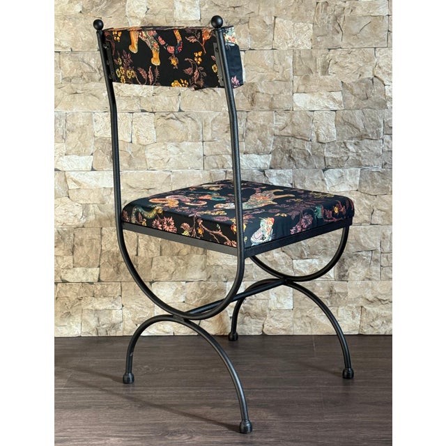 Modern New Pair of Chairs in Wrought Iron with Silinog Fabric by Etro in Back and Seat For Sale - Image 3 of 18