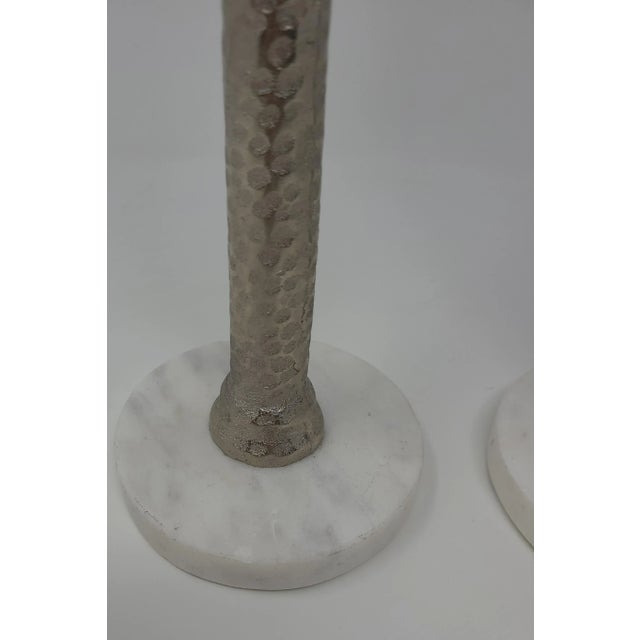 Silver Marble and Silver Color Cast Tall Metal Palm Tree Candle Sticks a Pair For Sale - Image 8 of 11
