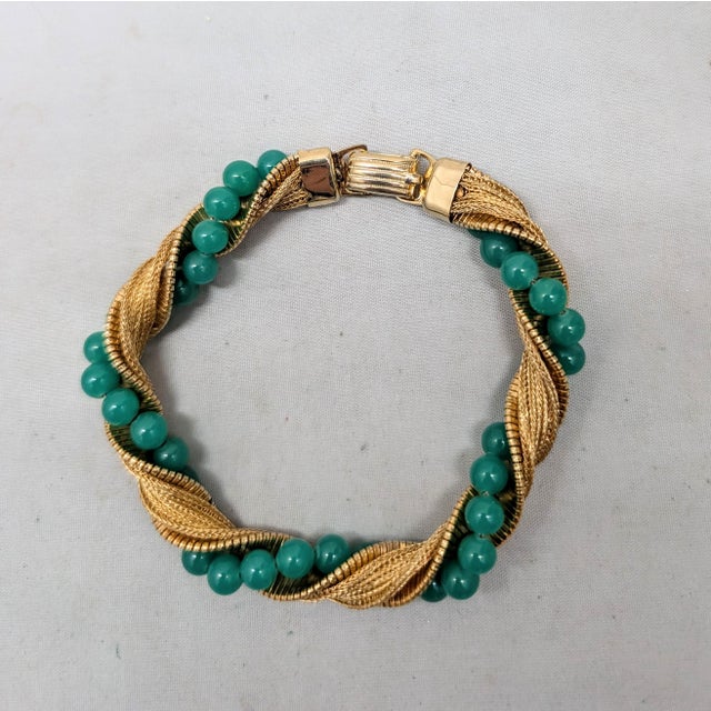 Metal Vintage 1960s Signed Napier Goldtone Faux-Jade Beaded Twisted Bracelet For Sale - Image 7 of 8
