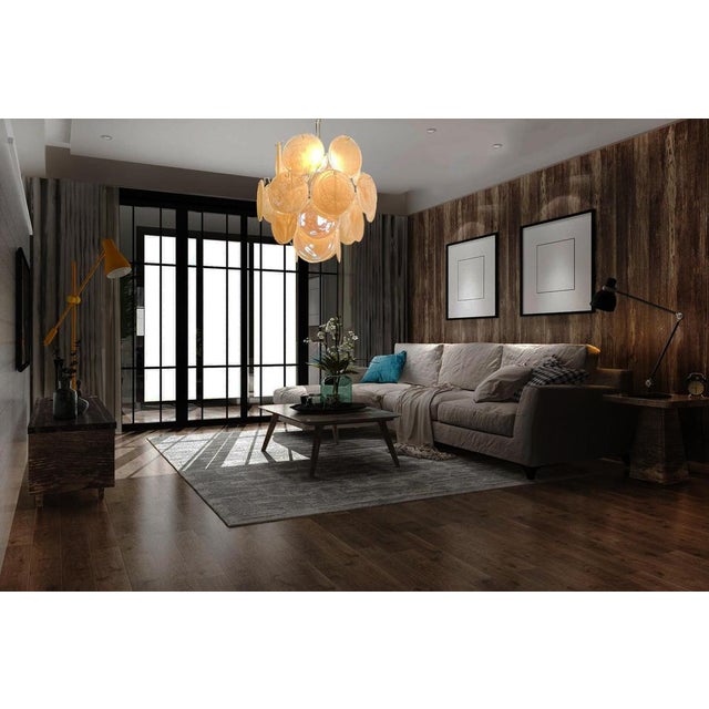 Vintage Italian Murano chandelier in Vistosi style. The chandelier has 24 fantastic iridescent alabaster honey discs in a...