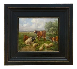 Sheep and Cows Framed Oil Painting Reproduction Print on Canvas - 5" X 6"