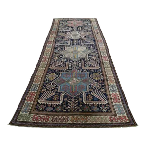 1890 Antique Akstafa Caucasian Midnight Blue Peacock Runner Rug