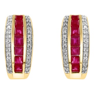 Princess Cut Natural Ruby and Diamond Stud Post Earrings 14 Karat Yellow Gold For Sale