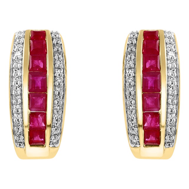 Princess Cut Natural Ruby and Diamond Stud Post Earrings 14 Karat Yellow Gold For Sale