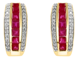 Princess Cut Natural Ruby and Diamond Stud Post Earrings 14 Karat Yellow Gold