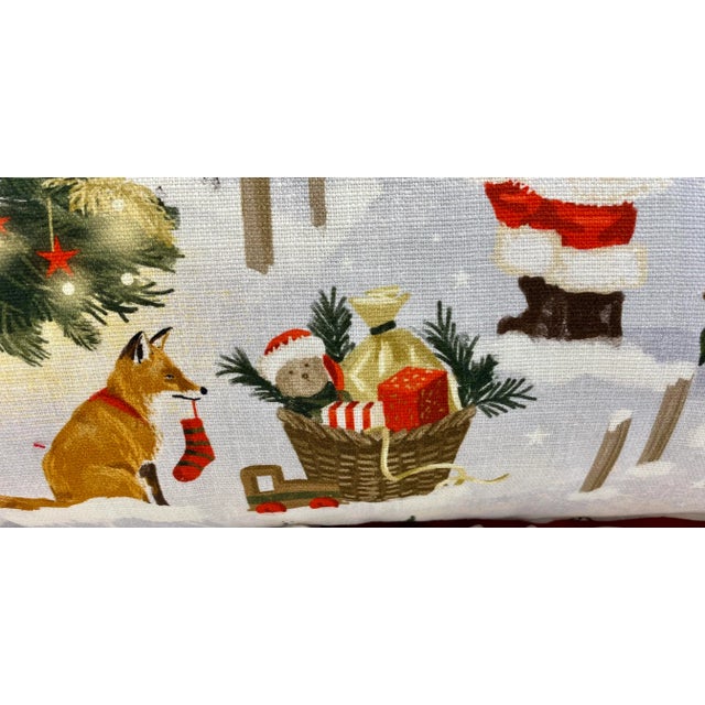 Textile Festive Santa With Animal Friends Christmas Themed Bolster Pillow With Red Velour-Like Back - Made in U K For Sale - Image 7 of 12