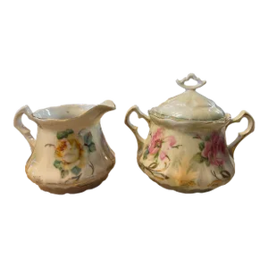 Early 1900s Floral Iridescent Sugar and Creamer Set- 2 Pieces