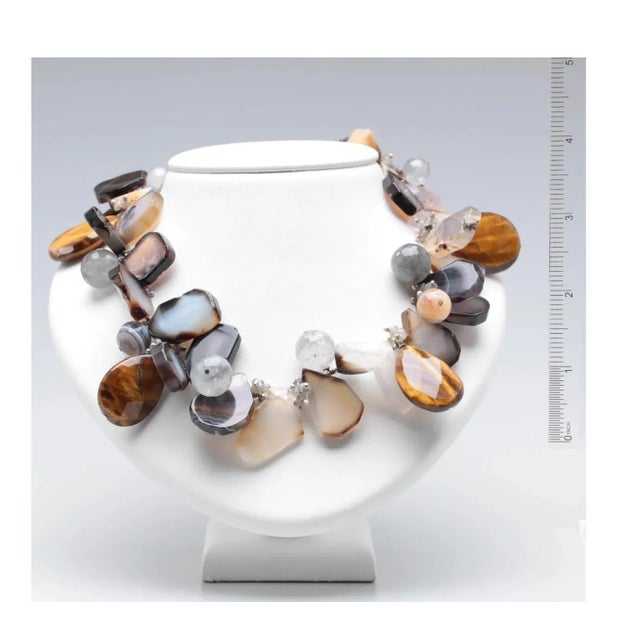 Contemporary Designer Artisan AKR-Agate, Tiger's Eye & Sterling Silver Statement Necklace-Wearable Art For Sale - Image 3 of 8