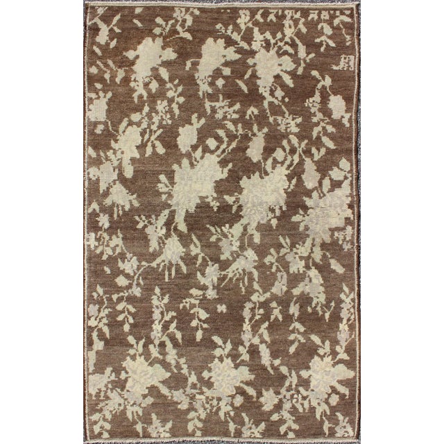 Textile Mocha Vintage Turkish Oushak Rug With Free-Flowing Green & Cream Flower Blossoms For Sale - Image 7 of 7