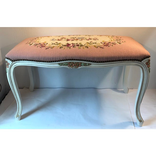Lovely French provincial needlepoint pink vanity bench. I have the matching footstool in another listing:...