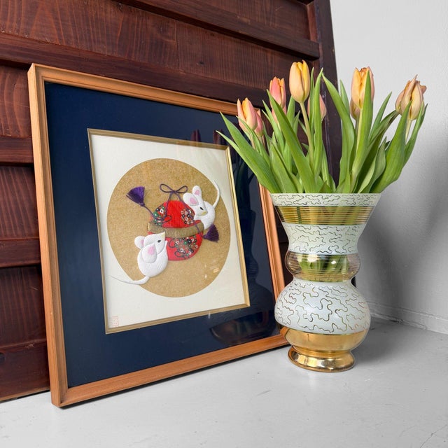 1980s Japanese Framed Shishigiyo Textile Art with Mice and Temari Ball, 1980s For Sale - Image 5 of 10