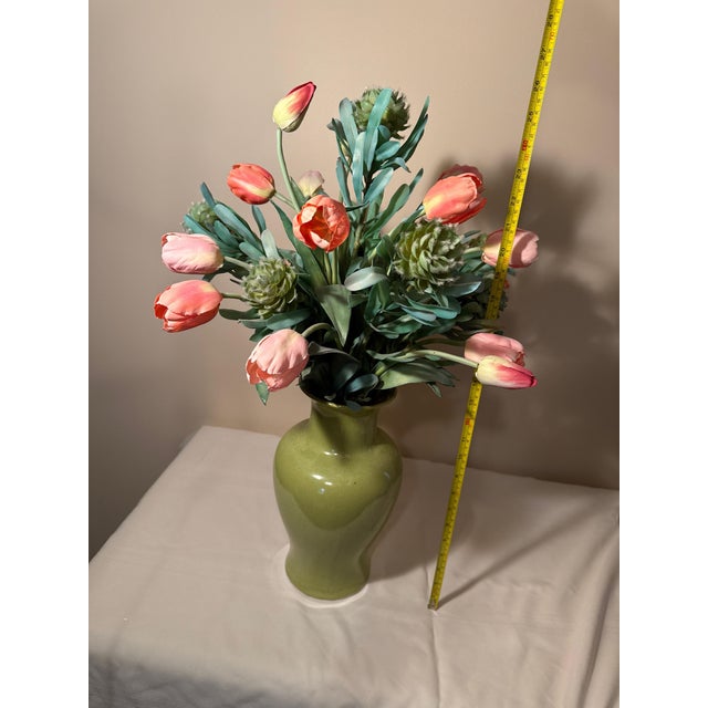 Vintage Mid-Century Modern Celadon Green Ceramic Baluster Vase With Faux Floral Arrangement For Sale - Image 4 of 4