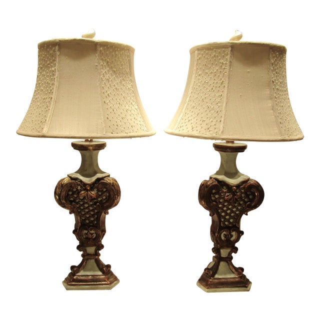 1970s Italian Baroque Style Hand Carved Wood Lamps Silk Shades - a Pair For Sale