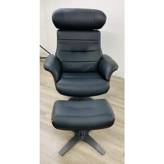 Mid-Century Modern Mid-Century Modern Eames Inspired Italian Black Leather Lounge Chair and Ottoman For Sale - Image 3 of 7