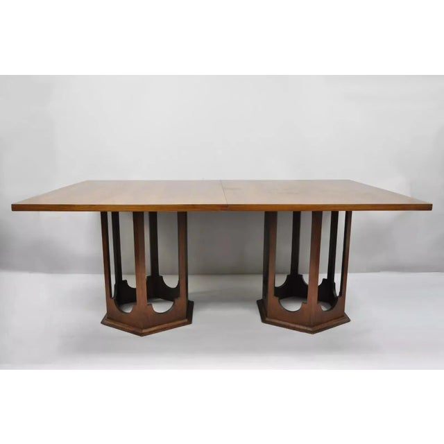 Harvey Probber Walnut Mid Century Modern Sculptural Double Pedestal Base Dining Table. Item features sculptural double...