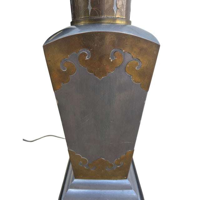 Vintage Chinoiserie Pewter and Brass Urn Table Lamp With Snakeskin Embossed Shade For Sale - Image 9 of 13