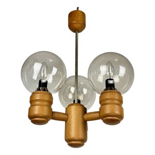 Mid-Century Modern Scandinavian Three-Arm Pendant Light in Pine and Smoked Glass Globes, 1970s For Sale