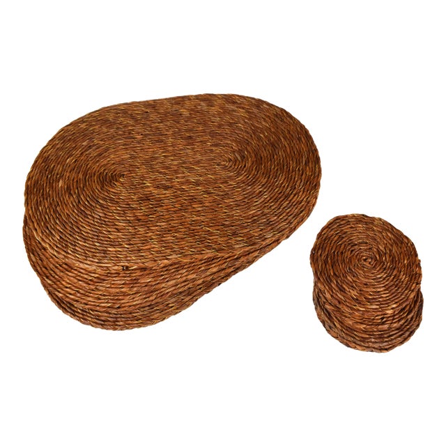 Vintage Hand-Woven Oval Placemat & Round Coaters Set - 8 Pieces For Sale