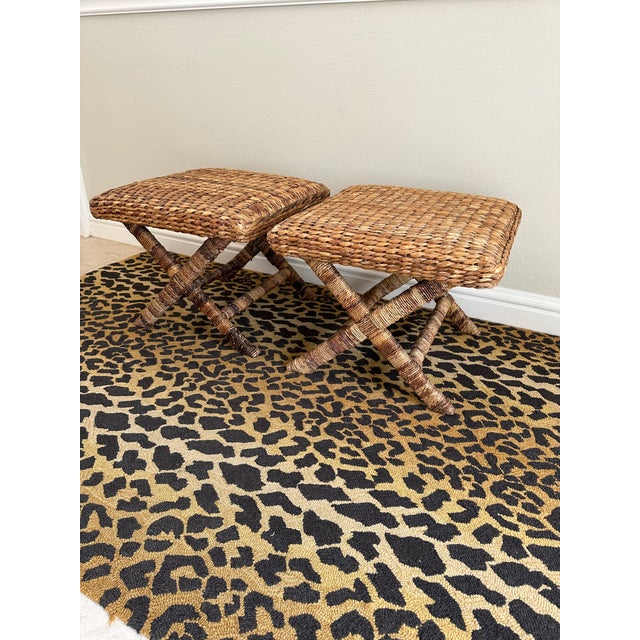 Modern Vintage Rattan & Natural Seagrass Woven Over Wood X Benches - A Pair For Sale - Image 3 of 17