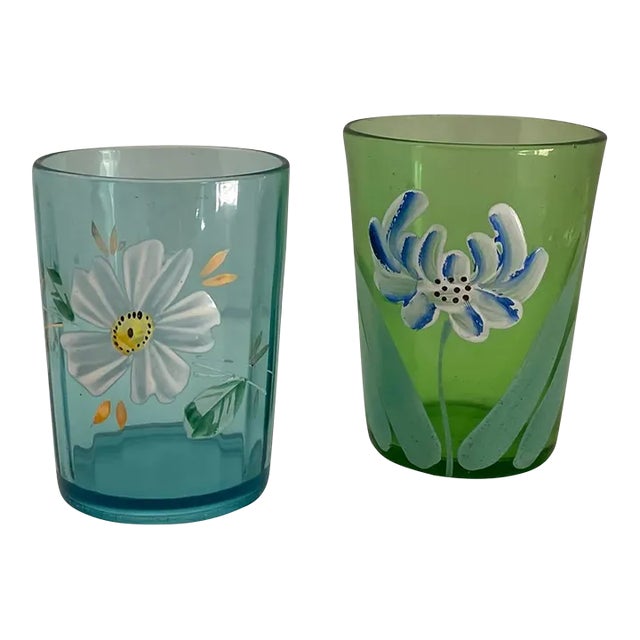 Hand-Painted Green & Blue Victorian Tumblers Glasses- a Pair For Sale