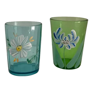 Hand-Painted Green & Blue Victorian Tumblers Glasses- a Pair