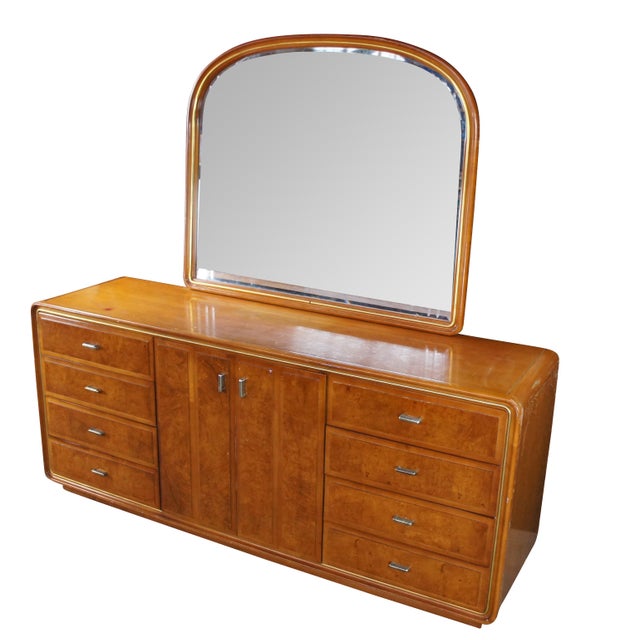Mid-Century Modern 1960s American of Martinsville Art Deco Lowboy Burled Triple Dresser & Mirror MCM For Sale - Image 3 of 16
