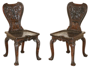 Hand Carved Colonial Hall Side Chairs, 1860s, Set of 2