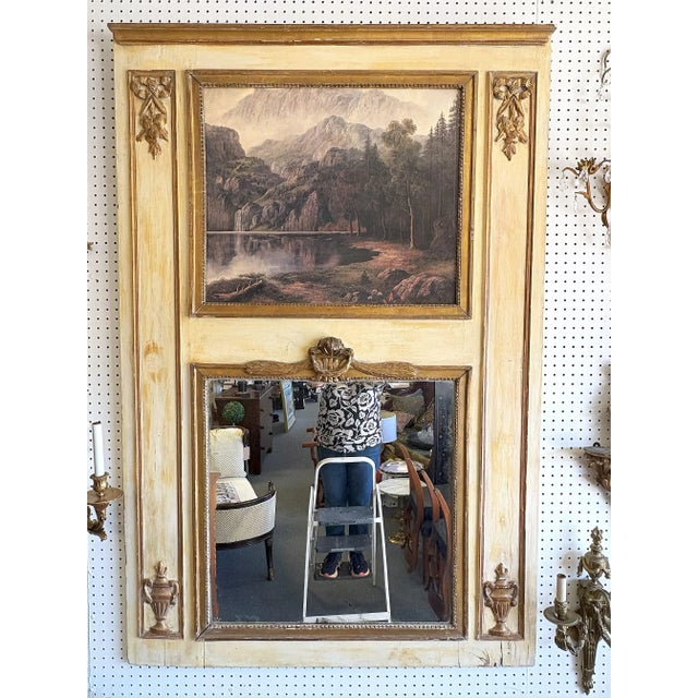 Metal Early 1900's Italian Trumeau Mirror With Hand Painted Inset Top Panel and Gold Details For Sale - Image 7 of 12