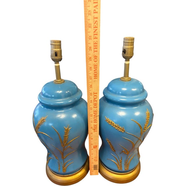 Vintage Hollywood Regency Turquoise Blue & Gold Ginger Jar Table Lamps – Pair For Sale - Image 9 of 10