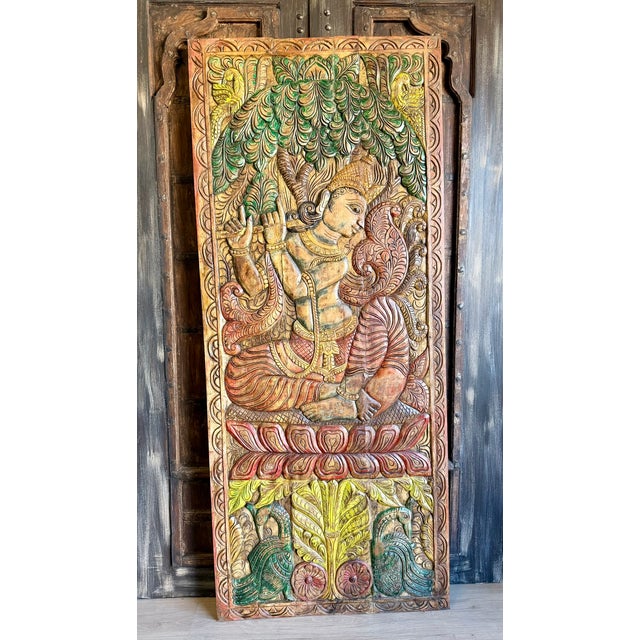 Wood Fluting Krishna Carved Wood Wall Art – Vintage Indian Door Panel Decor 83x36 For Sale - Image 7 of 8