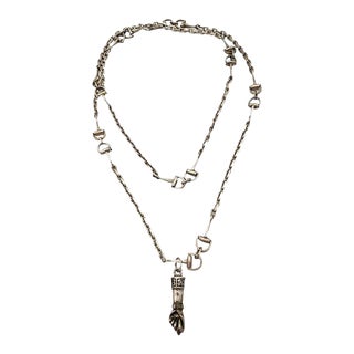 1970s Gucci Silver Interlocking Horse Bit Chain Necklace with Figa Fist Charm For Sale