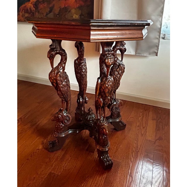 Antique 1920’s Figural Carved Storks With Rams Heads Octagonal Lamp Table For Sale - Image 10 of 12