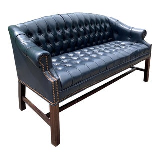 Traditional Vegan Leatherette Chesterfield Chippendale Love Seat Sofa in Blue For Sale