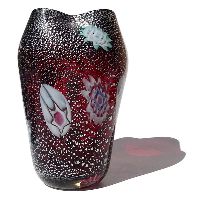 Mid 20th Century Vintage Murano AVeM Red Millefiori Flowers Murrine Silver Flecks Italian Art Glass Pinched Rim Flower Vase For Sale - Image 5 of 12