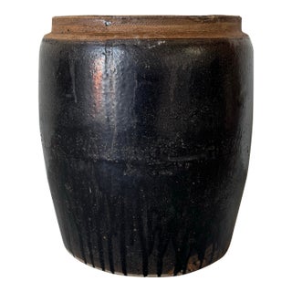Vintage Japanese Black Glazed Earthenware Storage / Planter Pot For Sale