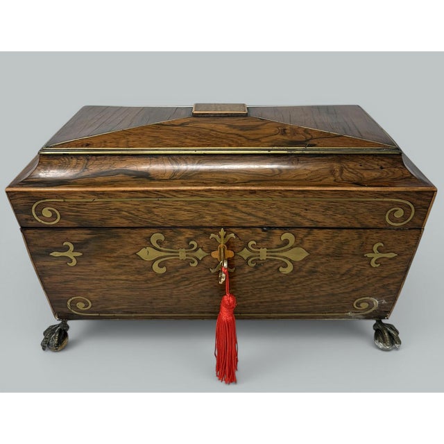 English Antique Brass Inlaid Rosewood English Tea Caddy Box Regency Gillows Lancaster. For Sale - Image 3 of 9