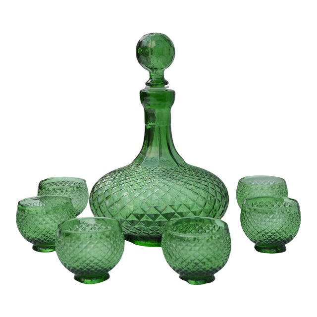 Midcentury Italian Green Textured-Glass Decanter & Glasses Set- 7 Pieces For Sale