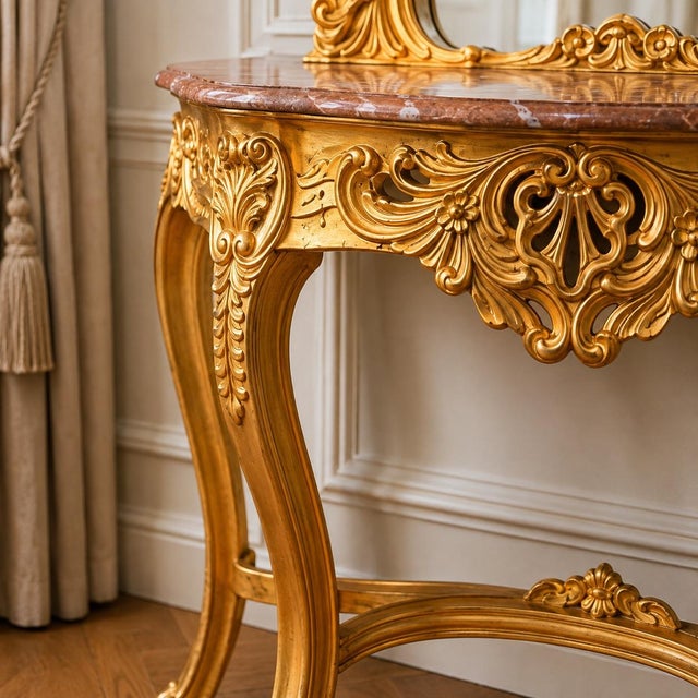 Late 20th Century 1970s Artisan Louis XVI Gold Beech Console With Mirror - 2 Pc For Sale - Image 5 of 8
