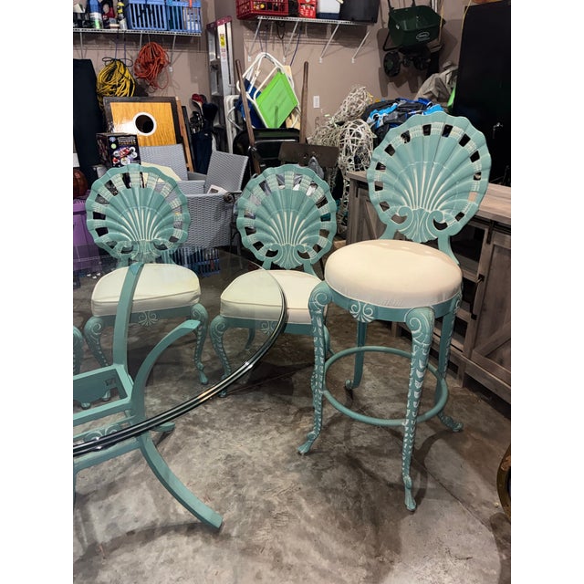 Hollywood Regency Veneman Cast Aluminum Clamshell Patio Set With Tags, Four Chairs, Bar Stools, and Glass Pedestal Table, 7 Pieces For Sale - Image 4 of 12