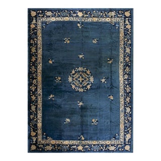 1890s Blue Field Floral Medallion Antique Chinese Peking Wool Rug 13' X 17' 10" For Sale